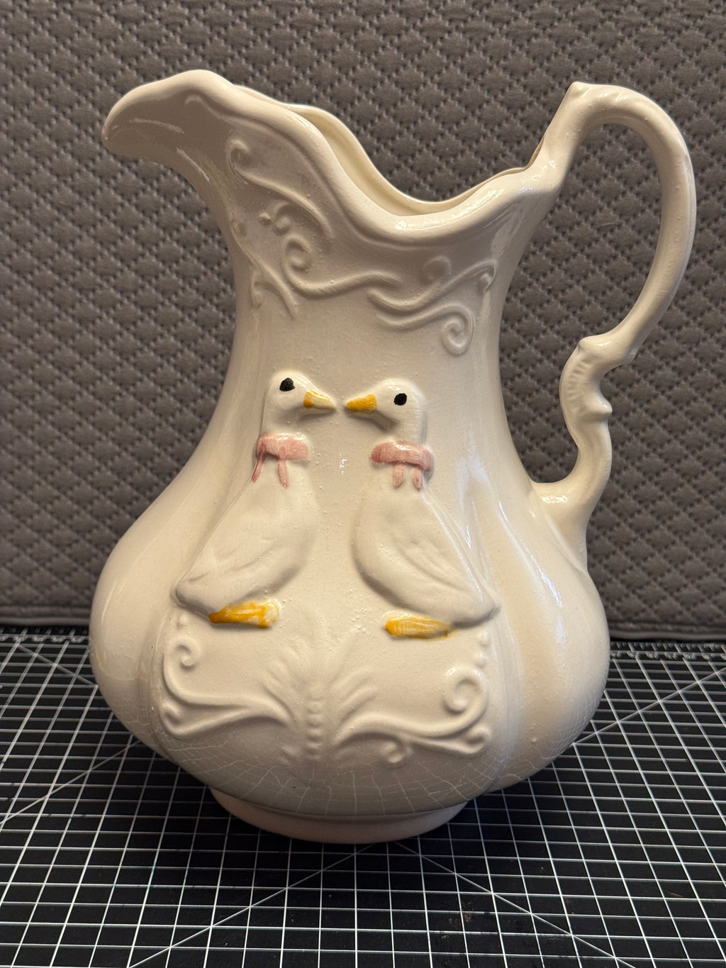 Vintage White Ceramic Bird Pitcher Farmhouse Cottage Milk Jug Vase