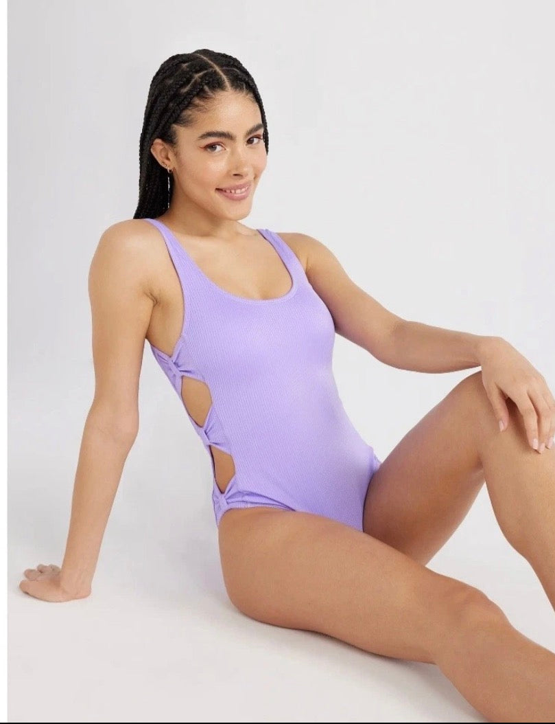No Boundaries Lavender Ribbed Cutout One Piece Swimsuit S NWT