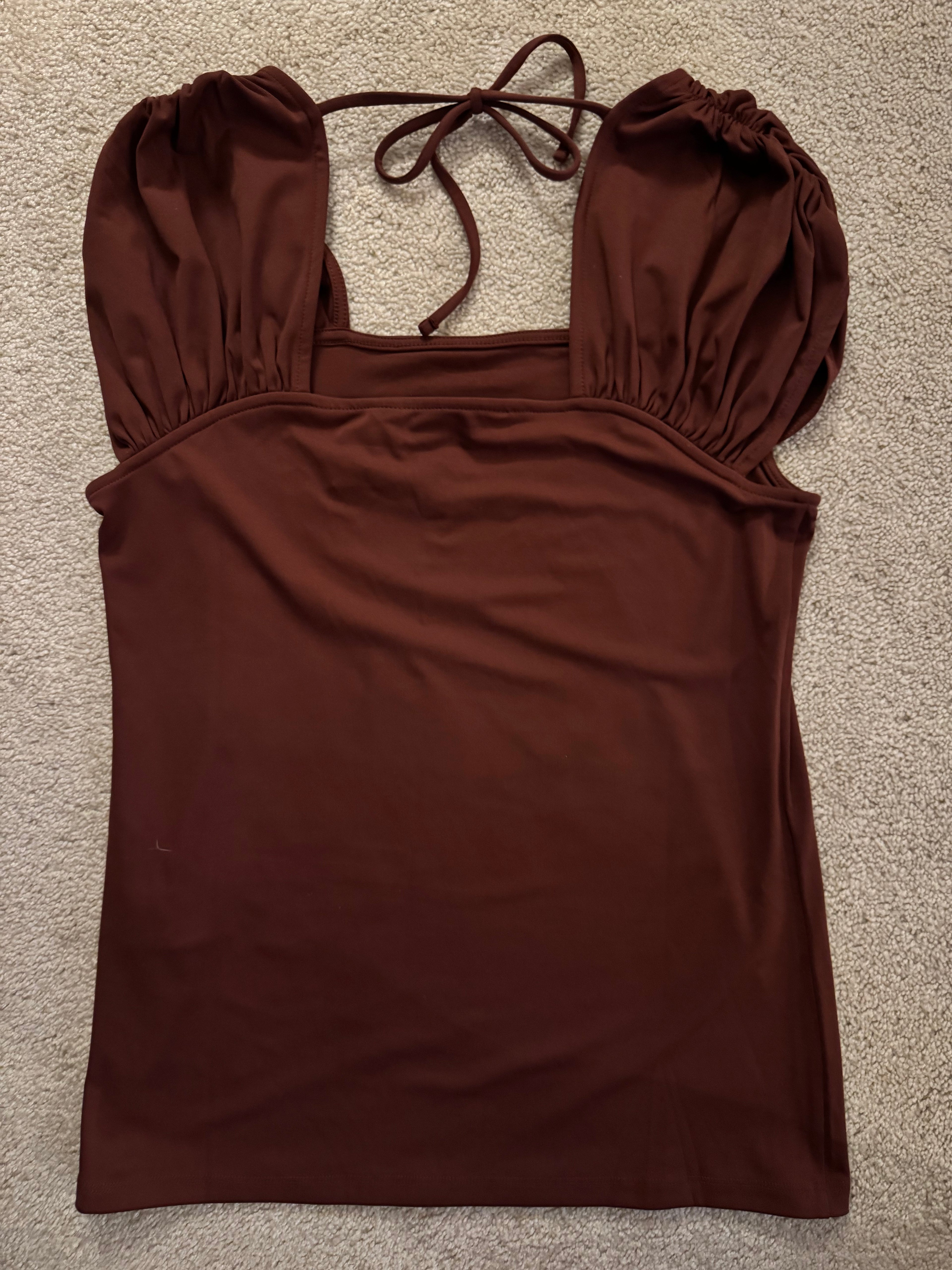 Montgomery Post Mindy Ruched Contour Knit Top Espresso Brown Size S NWT
