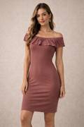 Hot Kiss Off Shoulder Ruffle Dress Women’s Medium Dusty Rose Brown Bodycon Stretch NWT