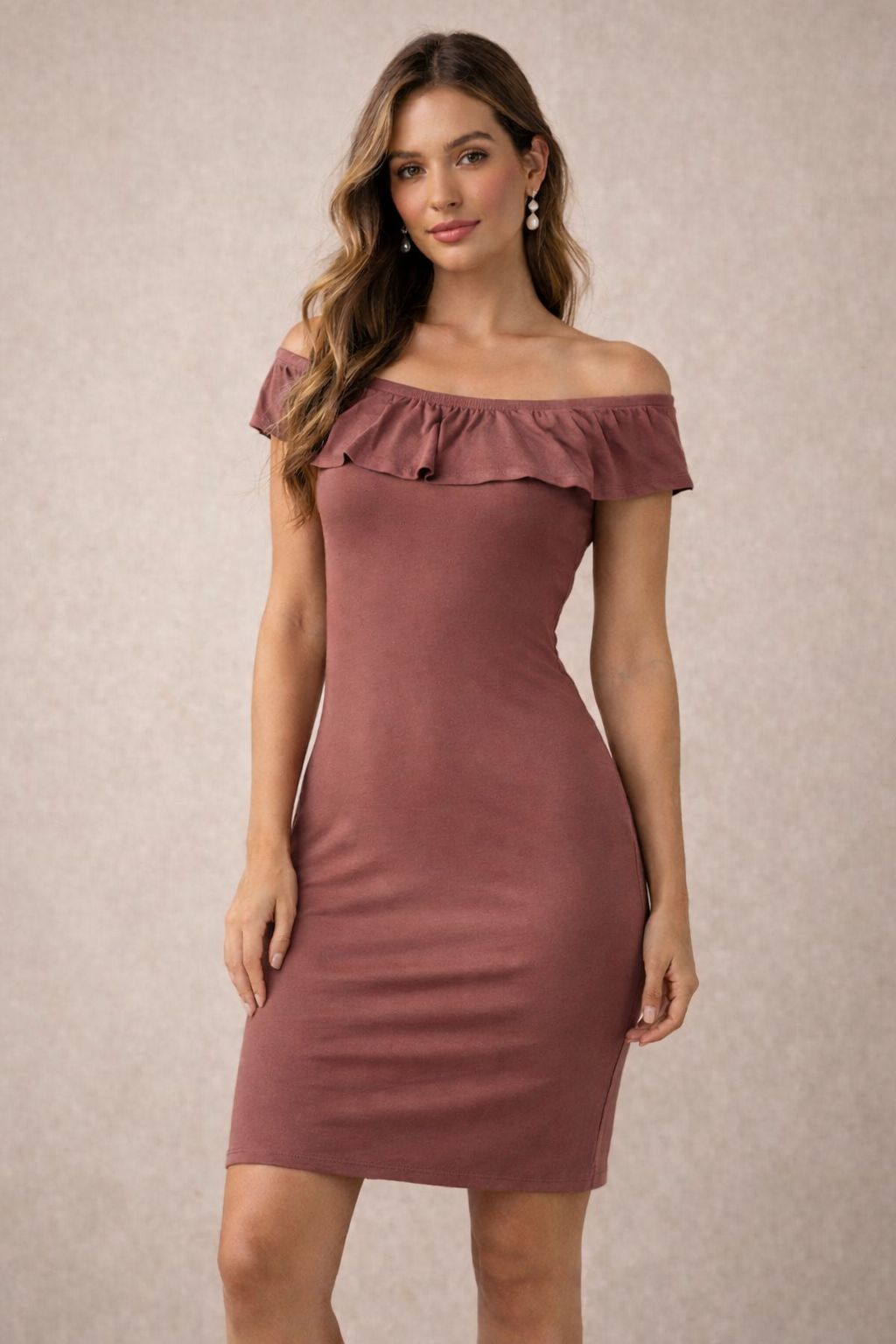 Hot Kiss Off Shoulder Ruffle Dress Women’s Medium Dusty Rose Brown Bodycon Stretch NWT