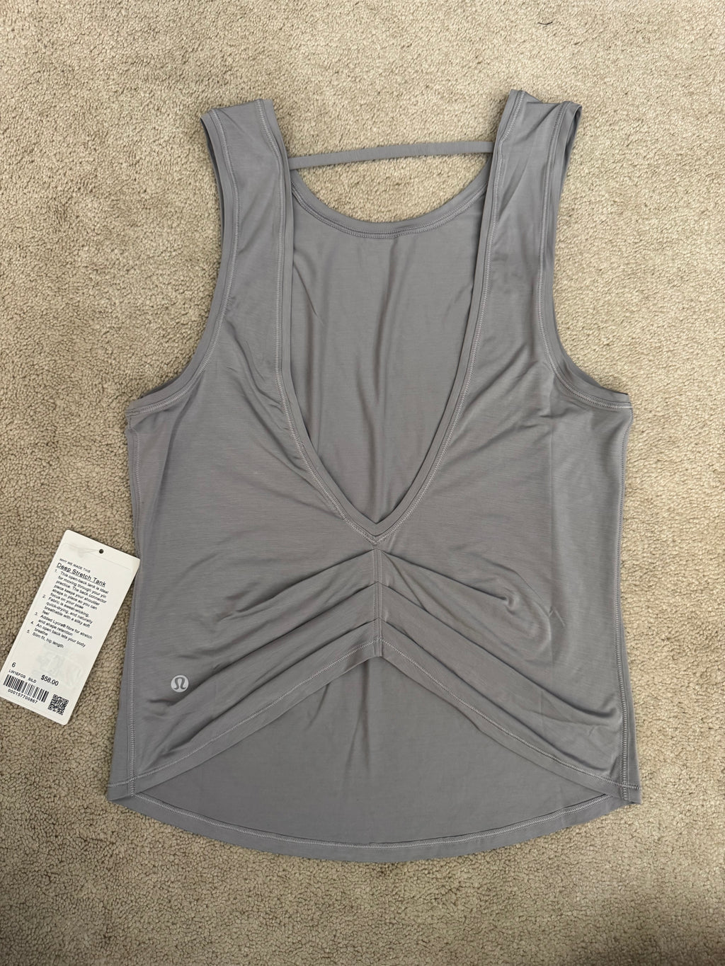 Lululemon Deep Stretch Tank Gray Size 6 NWT Open Back Yoga Top