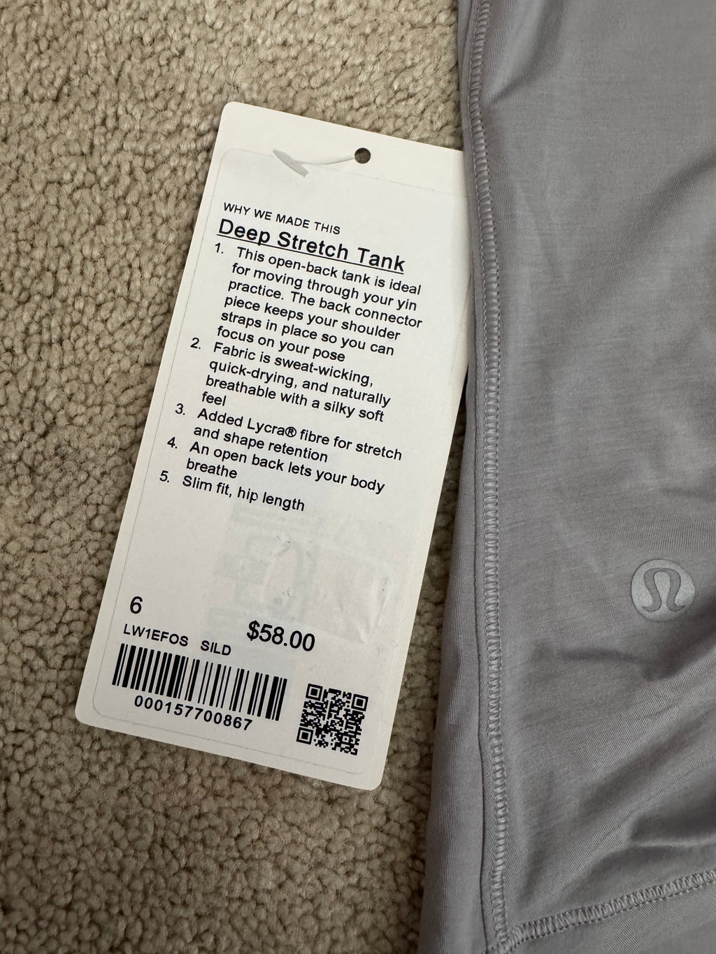 Lululemon Deep Stretch Tank Gray Size 6 NWT Open Back Yoga Top