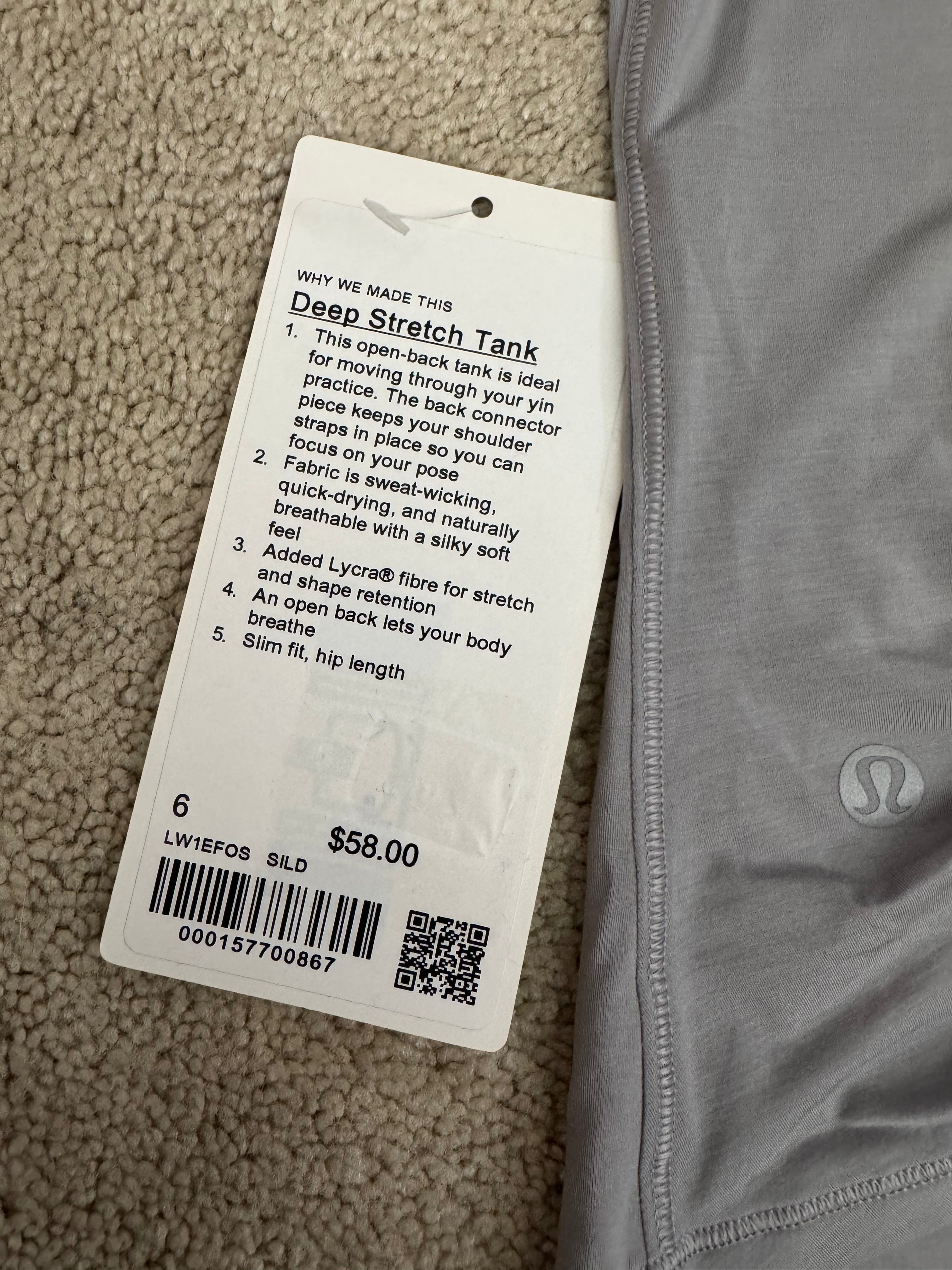 Lululemon Deep Stretch Tank Gray Size 6 NWT Open Back Yoga Top