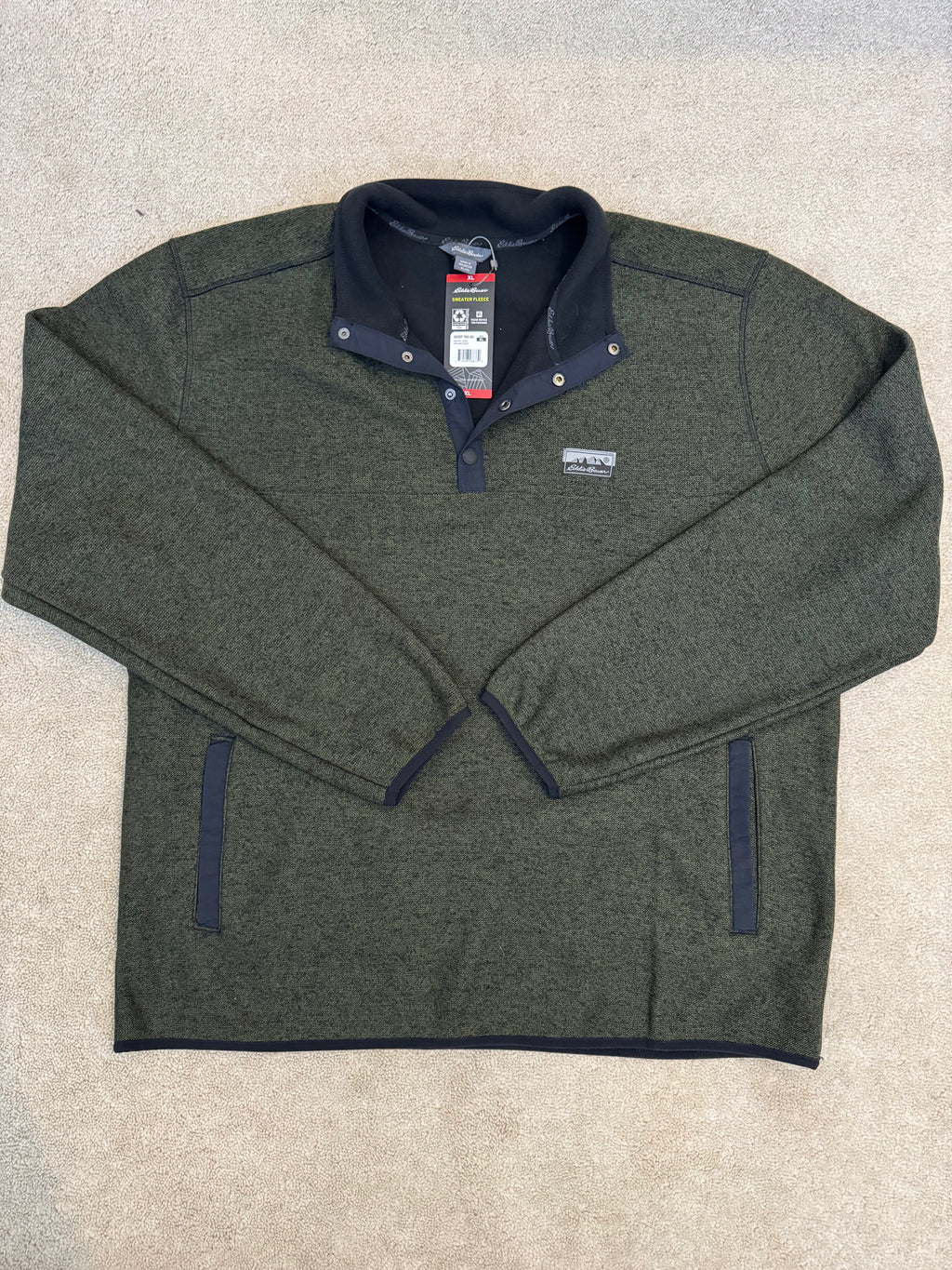Eddie Bauer Sweater Fleece Pullover XL Green Snap Mock Neck Mens NWT $90 MSRP