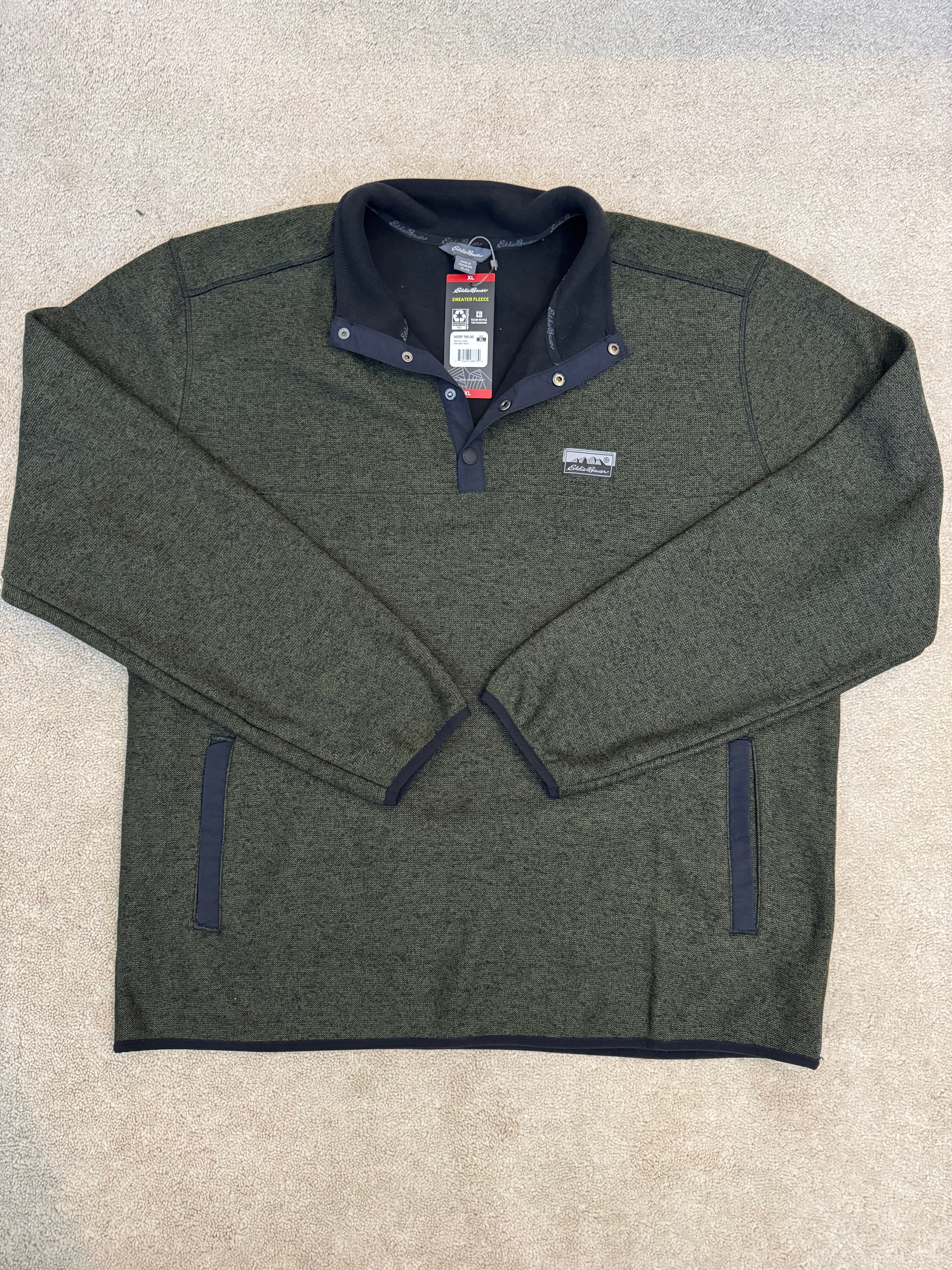 Eddie Bauer Sweater Fleece Pullover XL Green Snap Mock Neck Mens NWT $90 MSRP