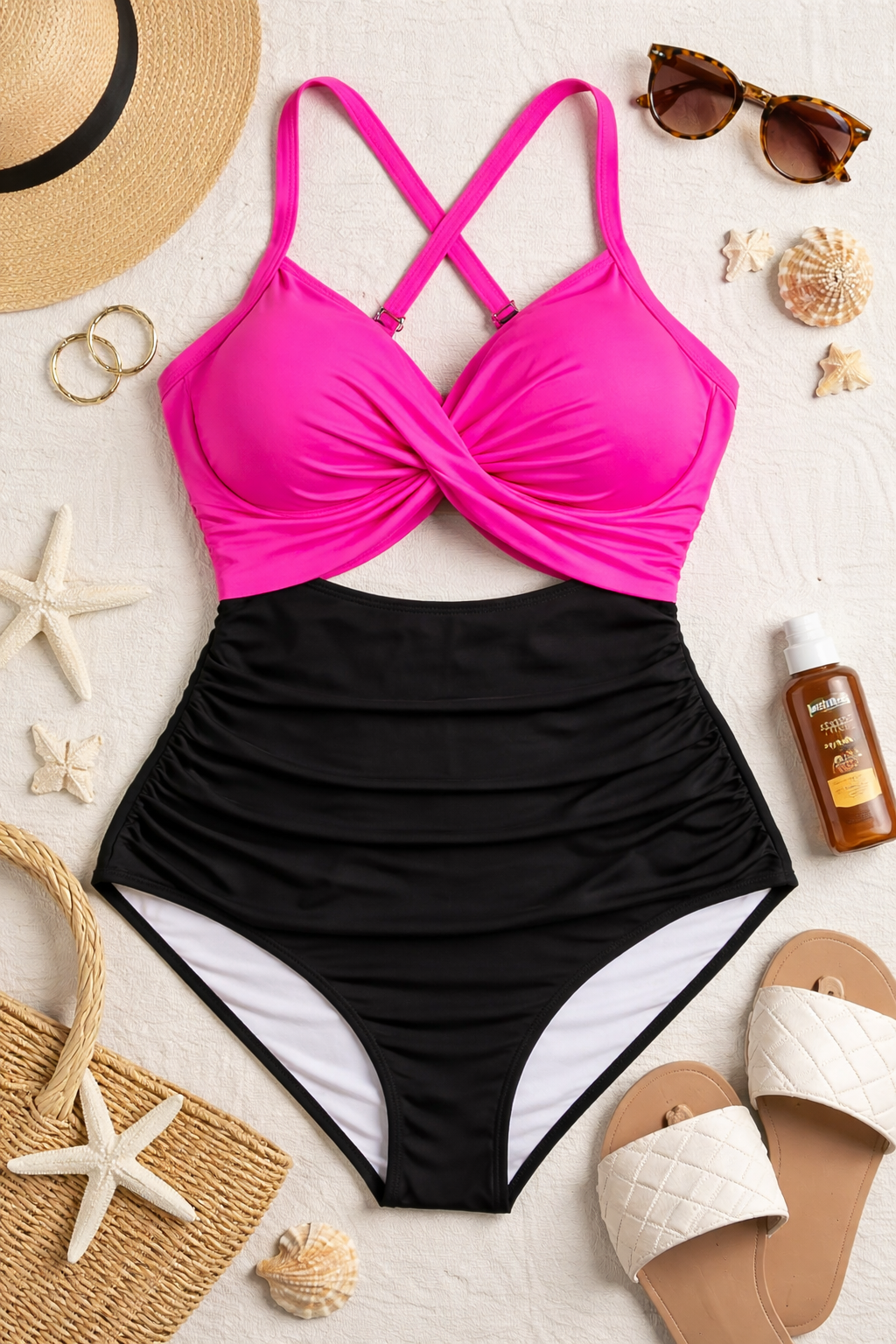 Eomenie XL One Piece Swimsuit Pink Black Twist Front Ruched Tummy Control NWT