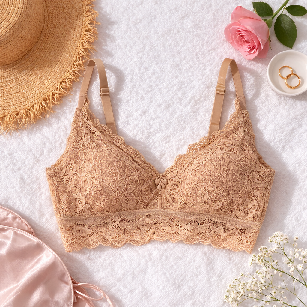 Rhonda Shear Beige Lace Bralette L Floral Longline Wireless Bra