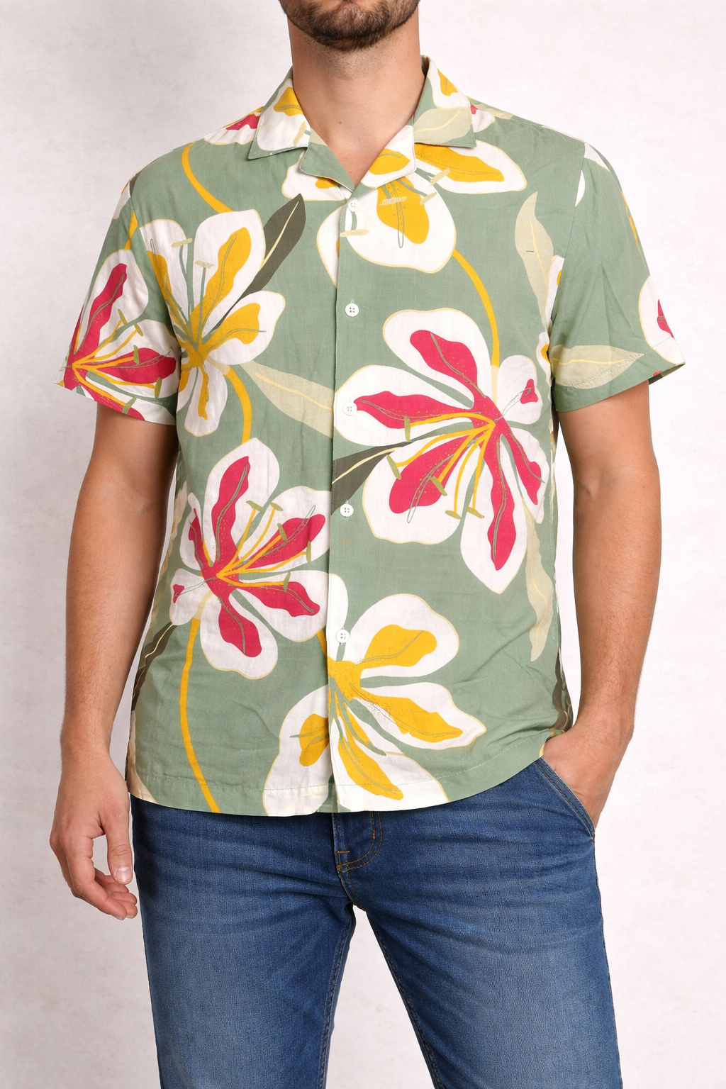 Original Use Mens Hawaiian Shirt Medium Green Floral Tropical Short Sleeve Button Up NWT