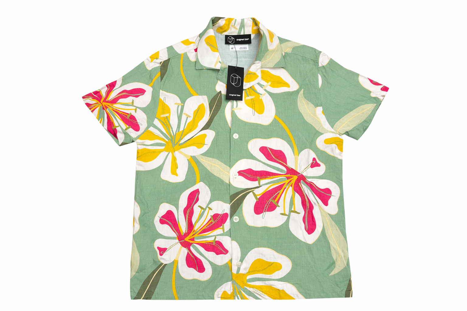 Original Use Mens Hawaiian Shirt Medium Green Floral Tropical Short Sleeve Button Up NWT