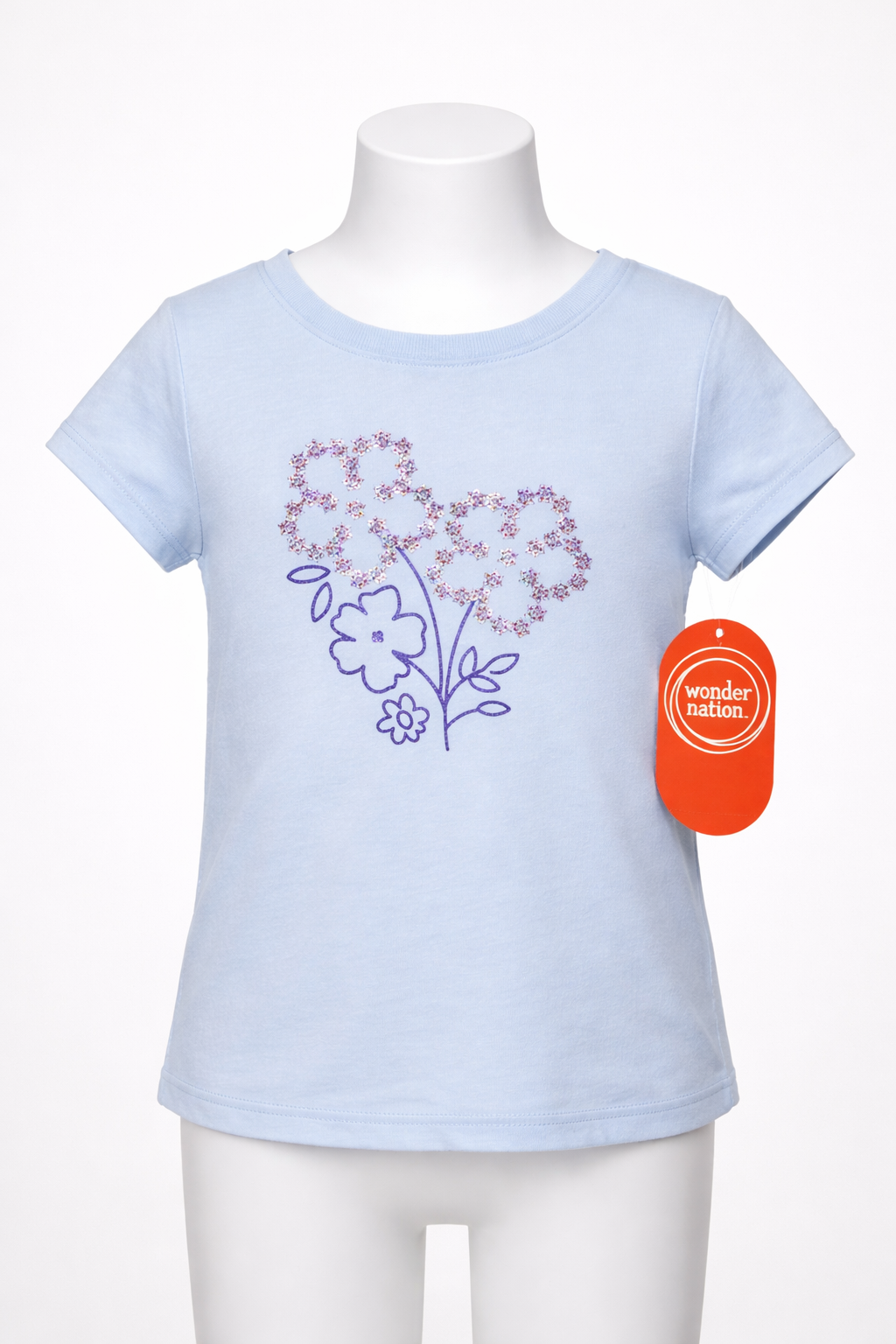 Wonder Nation Girls Blue Glitter Flower Short Sleeve T-Shirt Size 7 NWT Floral Tee