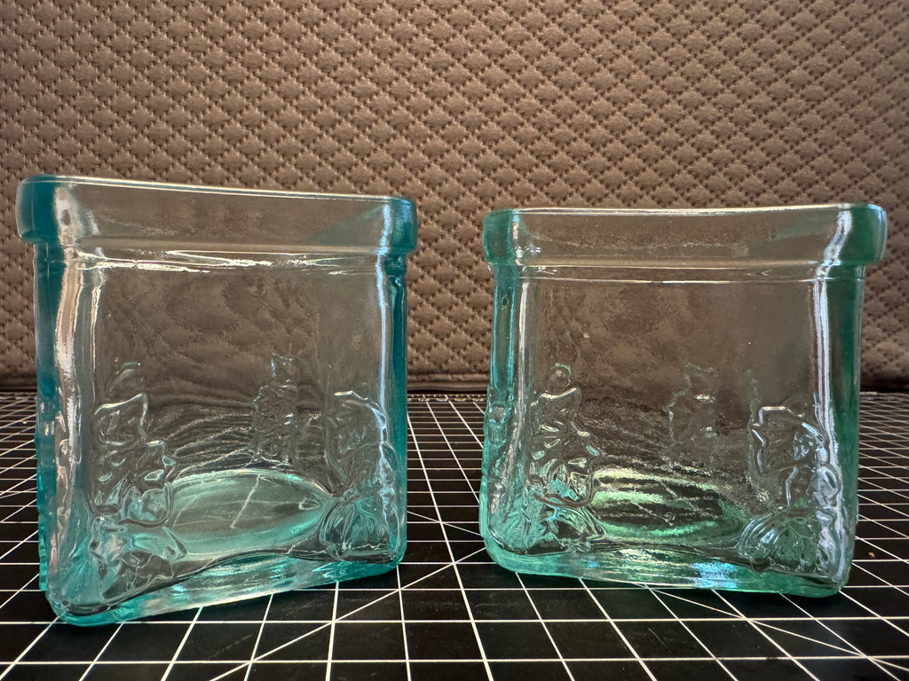 Vintage Aqua Glass Tealight Holder Set Blue Green Square Votive