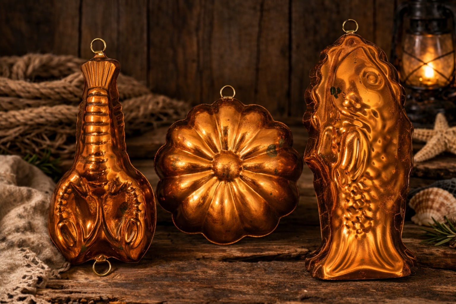 Vintage Copper Molds Tagus Portugal Fish Shell Kitchen Wall Decor Farmhouse Set