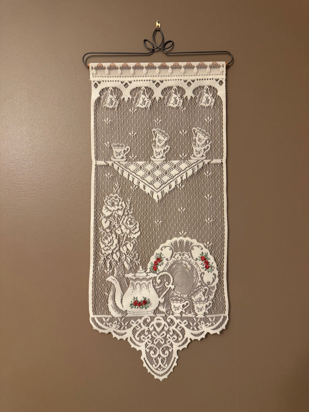 Vintage Lace Wall Hanging Curtain Panel Teapot Tea Cups Floral Cottagecore Kitchen Decor