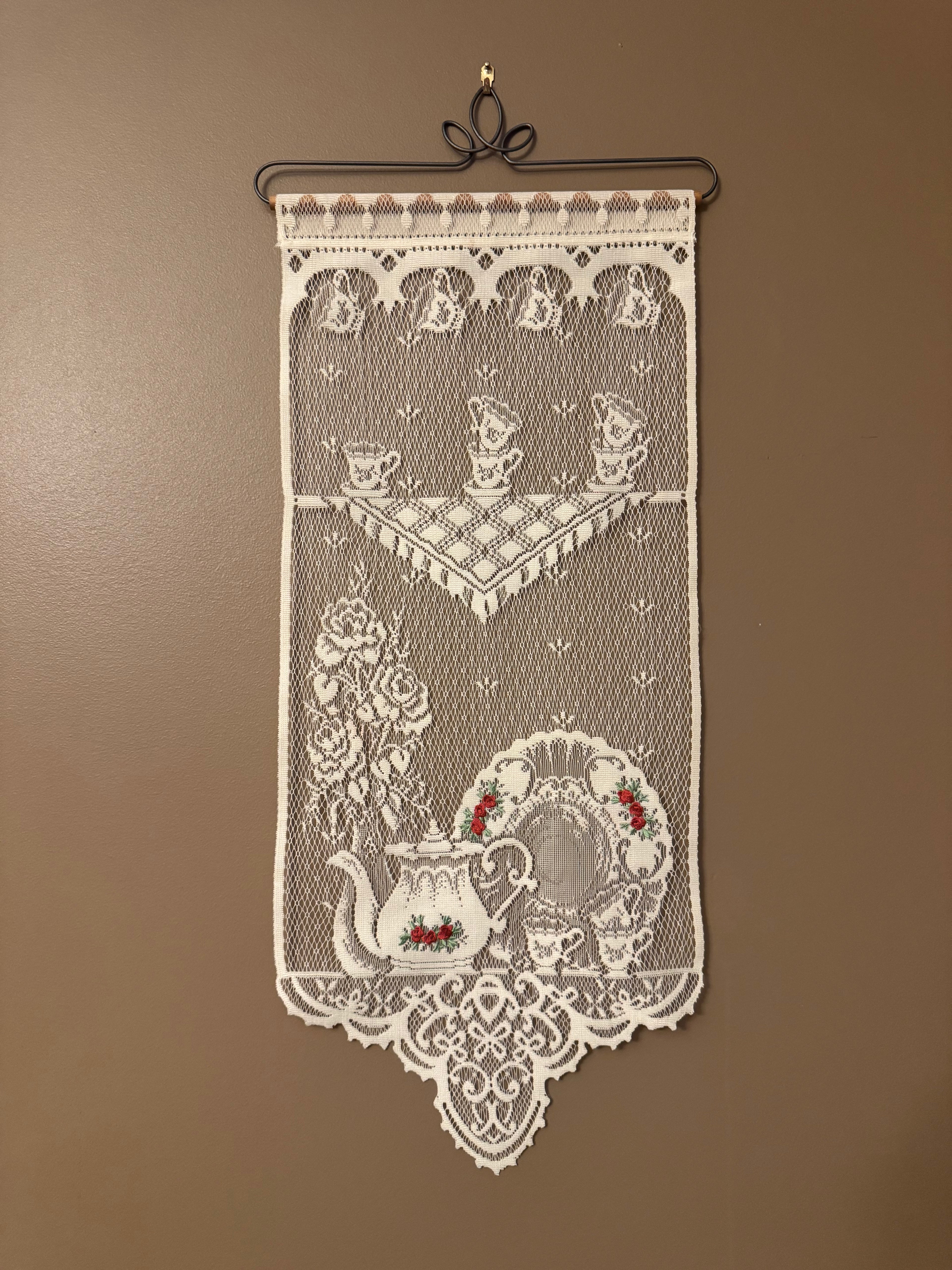 Vintage Lace Wall Hanging Curtain Panel Teapot Tea Cups Floral Cottagecore Kitchen Decor