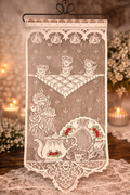 Vintage Lace Wall Hanging Curtain Panel Teapot Tea Cups Floral Cottagecore Kitchen Decor