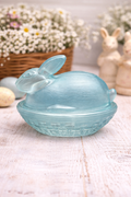 Aqua Glass Bunny on Nest Covered Dish Easter Rabbit Candy Dish Vintage Style