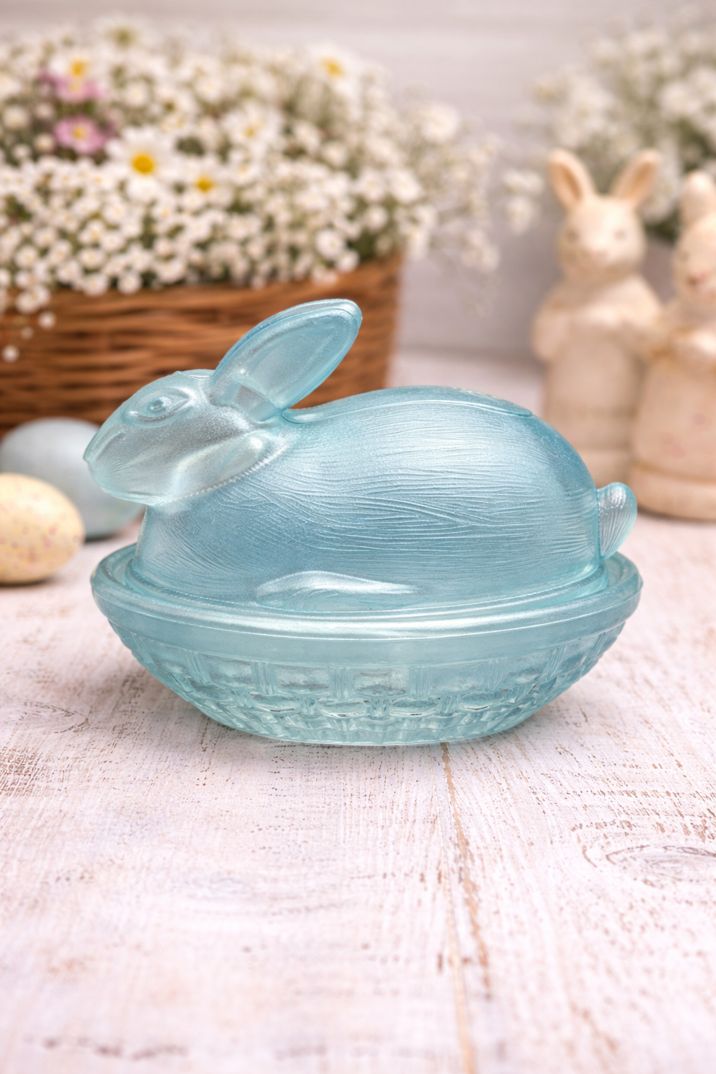 Aqua Glass Bunny on Nest Covered Dish Easter Rabbit Candy Dish Vintage Style