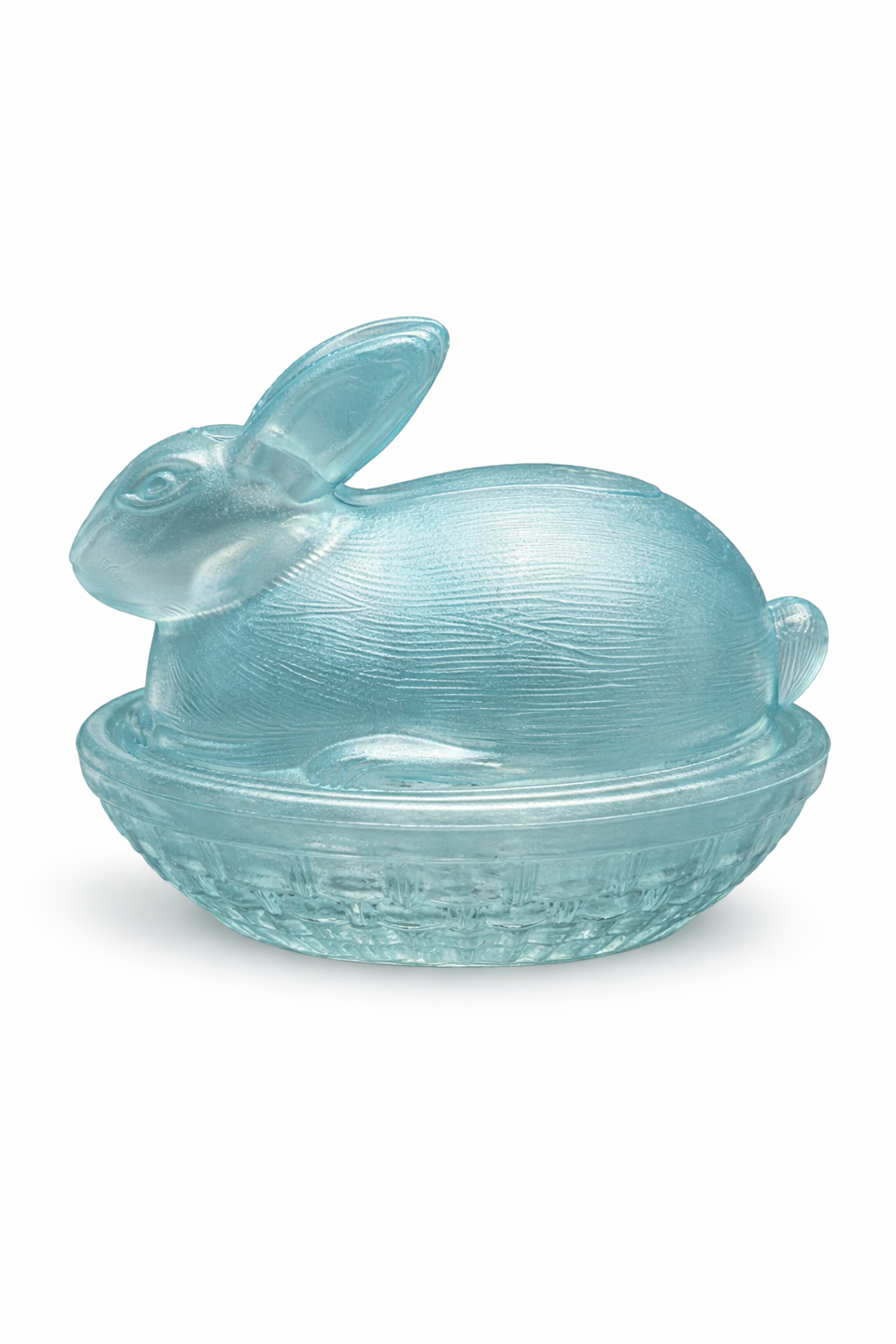 Aqua Glass Bunny on Nest Covered Dish Easter Rabbit Candy Dish Vintage Style