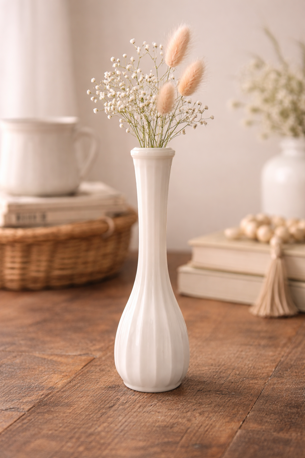 Vintage CLC Co Milk Glass Bud Vase Ribbed White Tall Farmhouse Decor