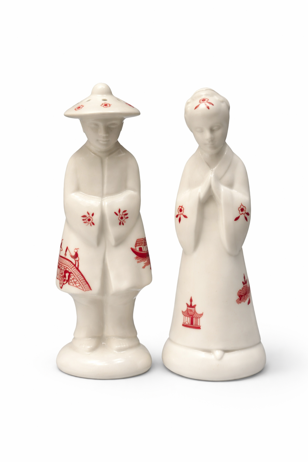 Vintage Asian Figural Salt Pepper Shakers Man Woman Japan Style Red Transfer
