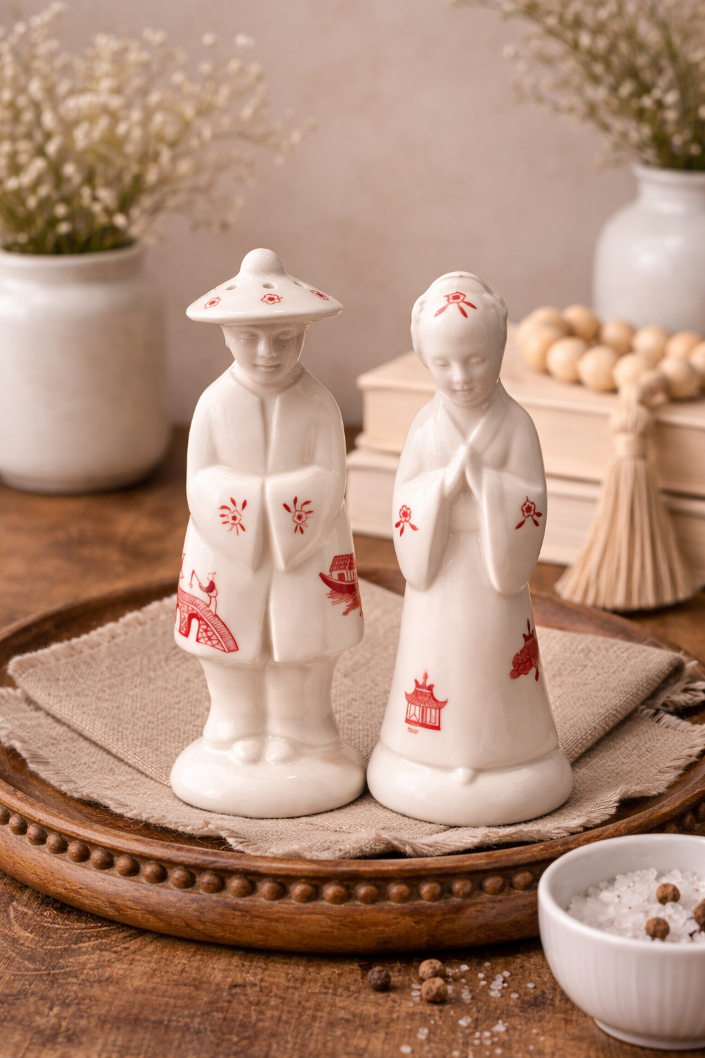 Vintage Asian Figural Salt Pepper Shakers Man Woman Japan Style Red Transfer