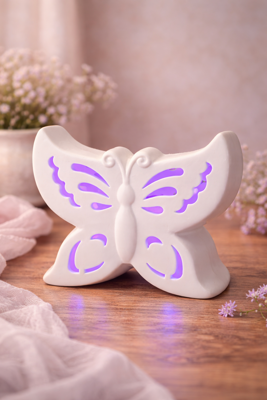 LED Butterfly Night Light White Ceramic Purple Glow Lamp Battery Operated