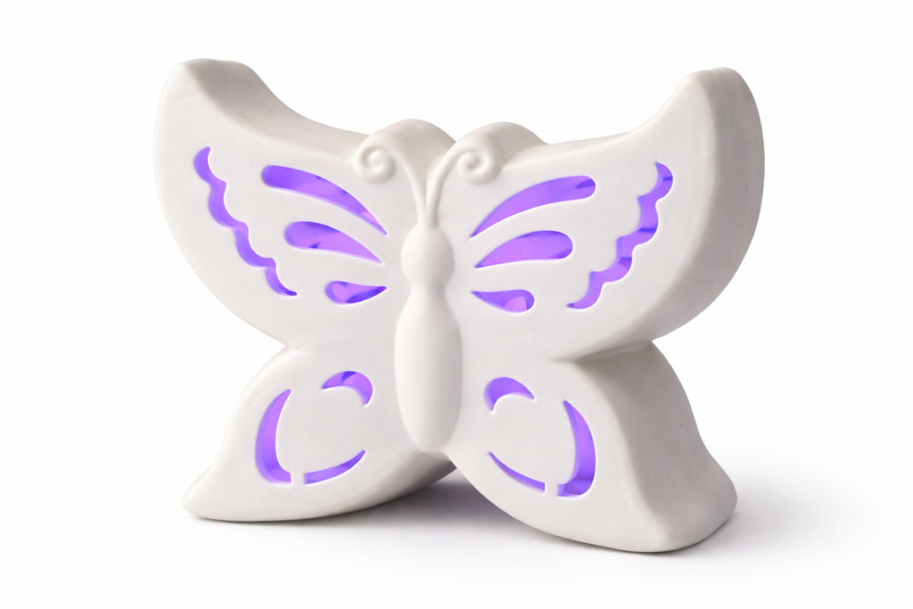 LED Butterfly Night Light White Ceramic Purple Glow Lamp Battery Operated