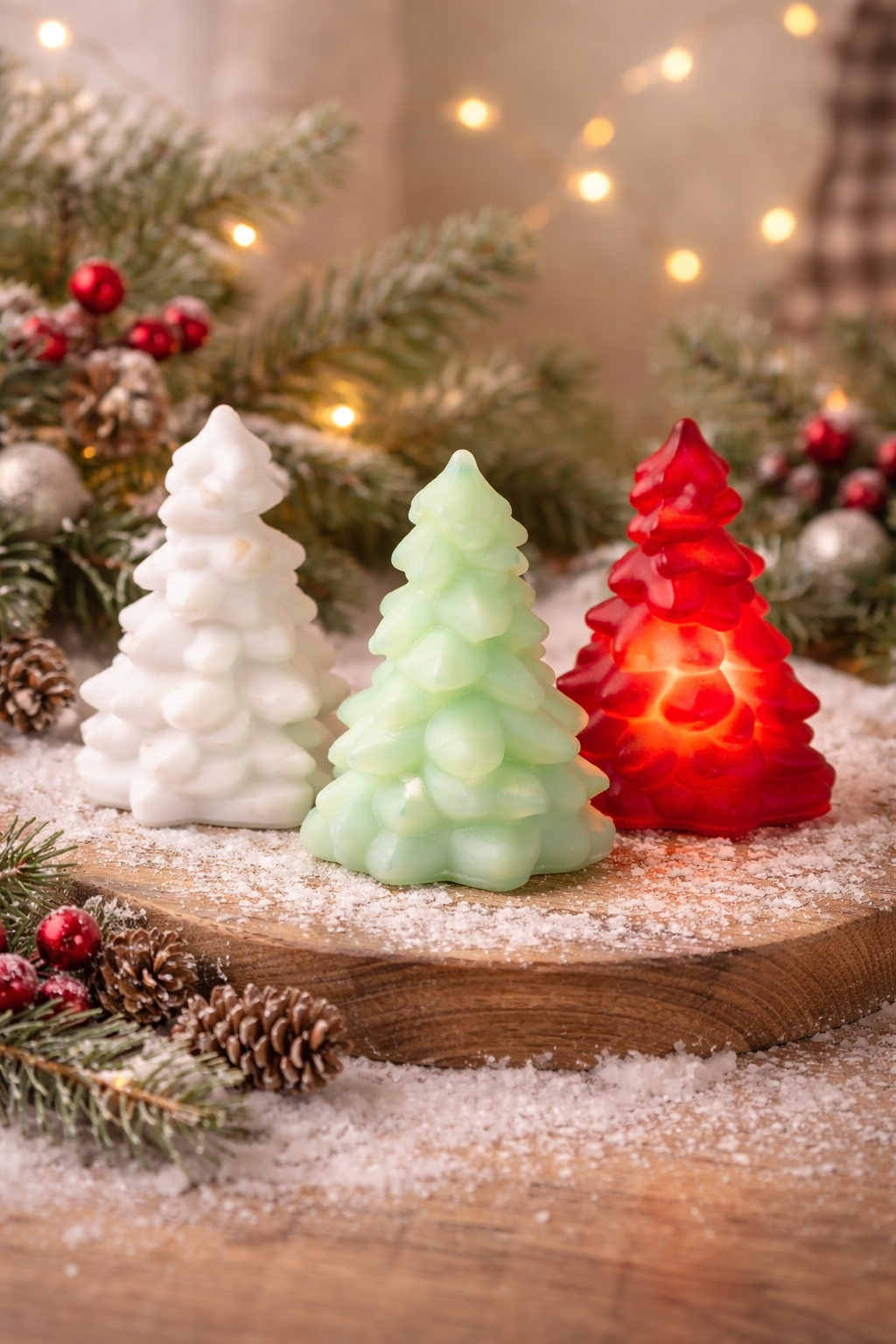 UV Reactive Red Christmas Tree Set Vintage Style Holiday Decor 3pc