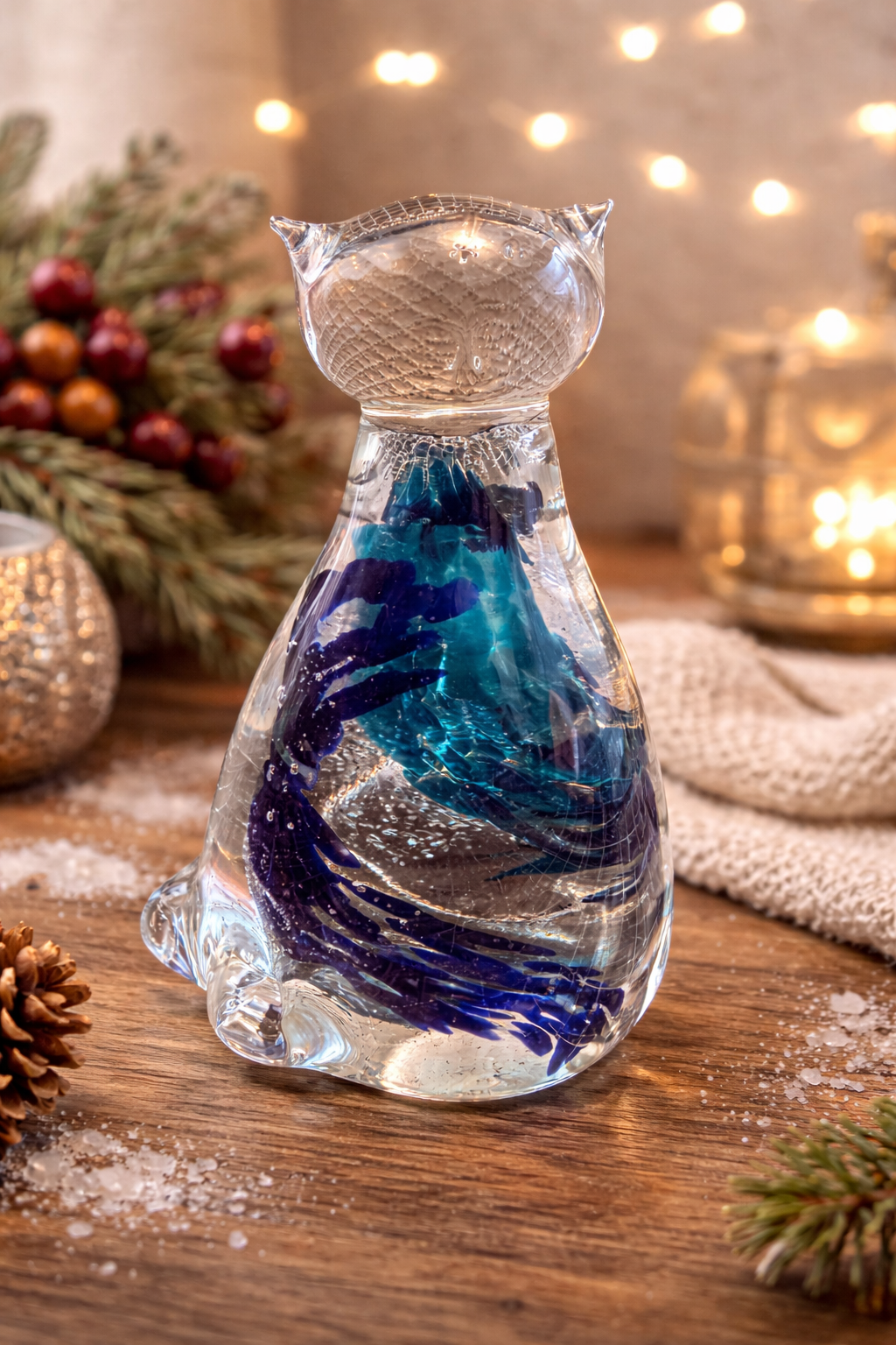 Blue Art Glass Cat Figurine Paperweight Decorative Home Decor Gift