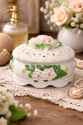 Vintage Floral Porcelain Trinket Box White Roses Lidded Jewelry Dish