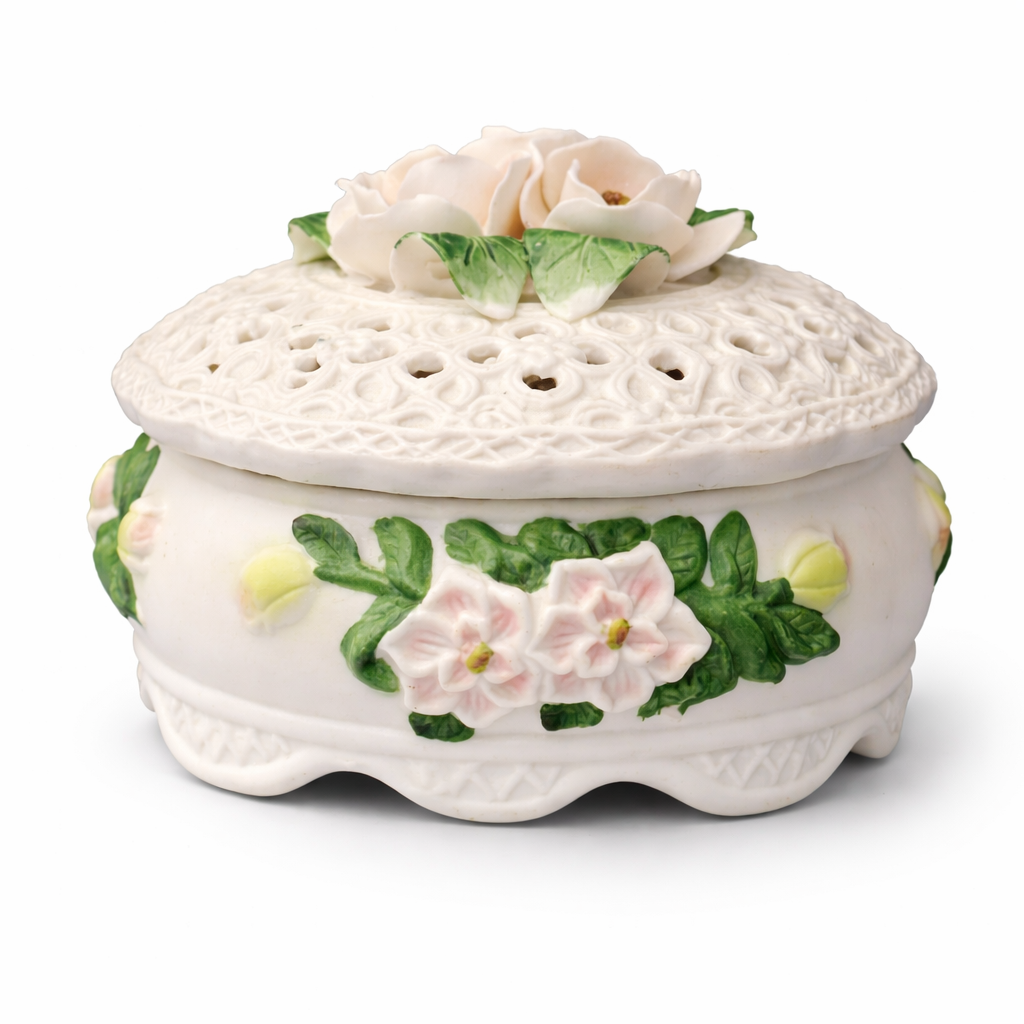 Vintage Floral Porcelain Trinket Box White Roses Lidded Jewelry Dish