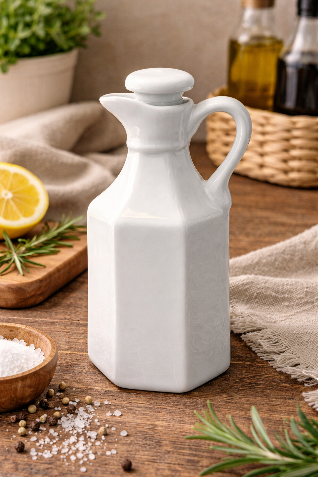Xcell White Ceramic Oil Vinegar Cruet Bottle Stopper Modern Kitchen Decor