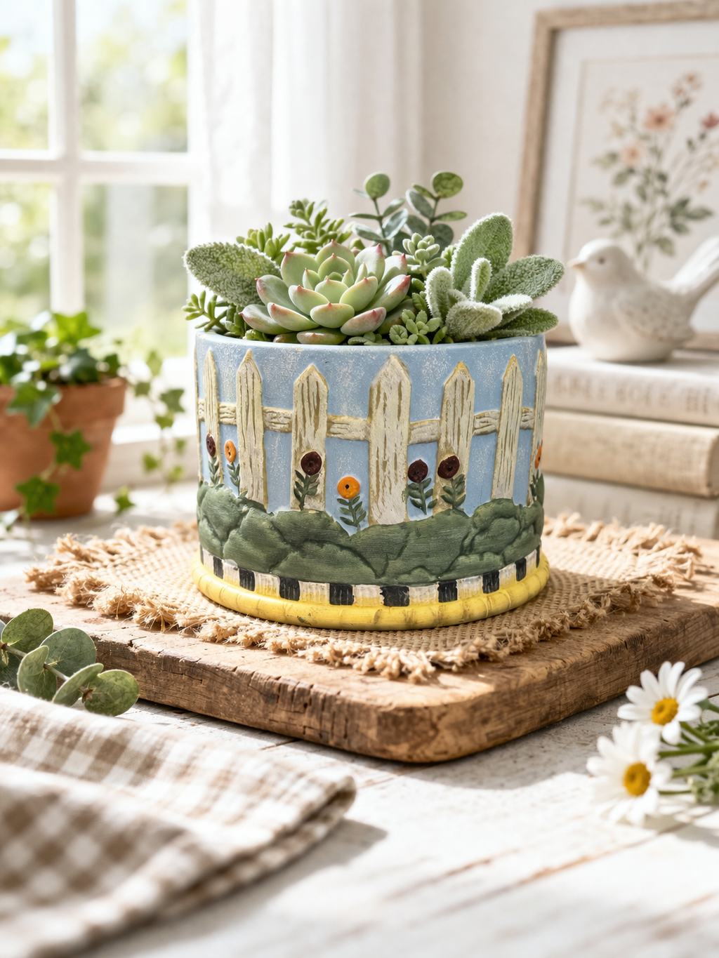 Cottage Garden Ceramic Cache Pot Planter Cover Fence Floral Decor 4”