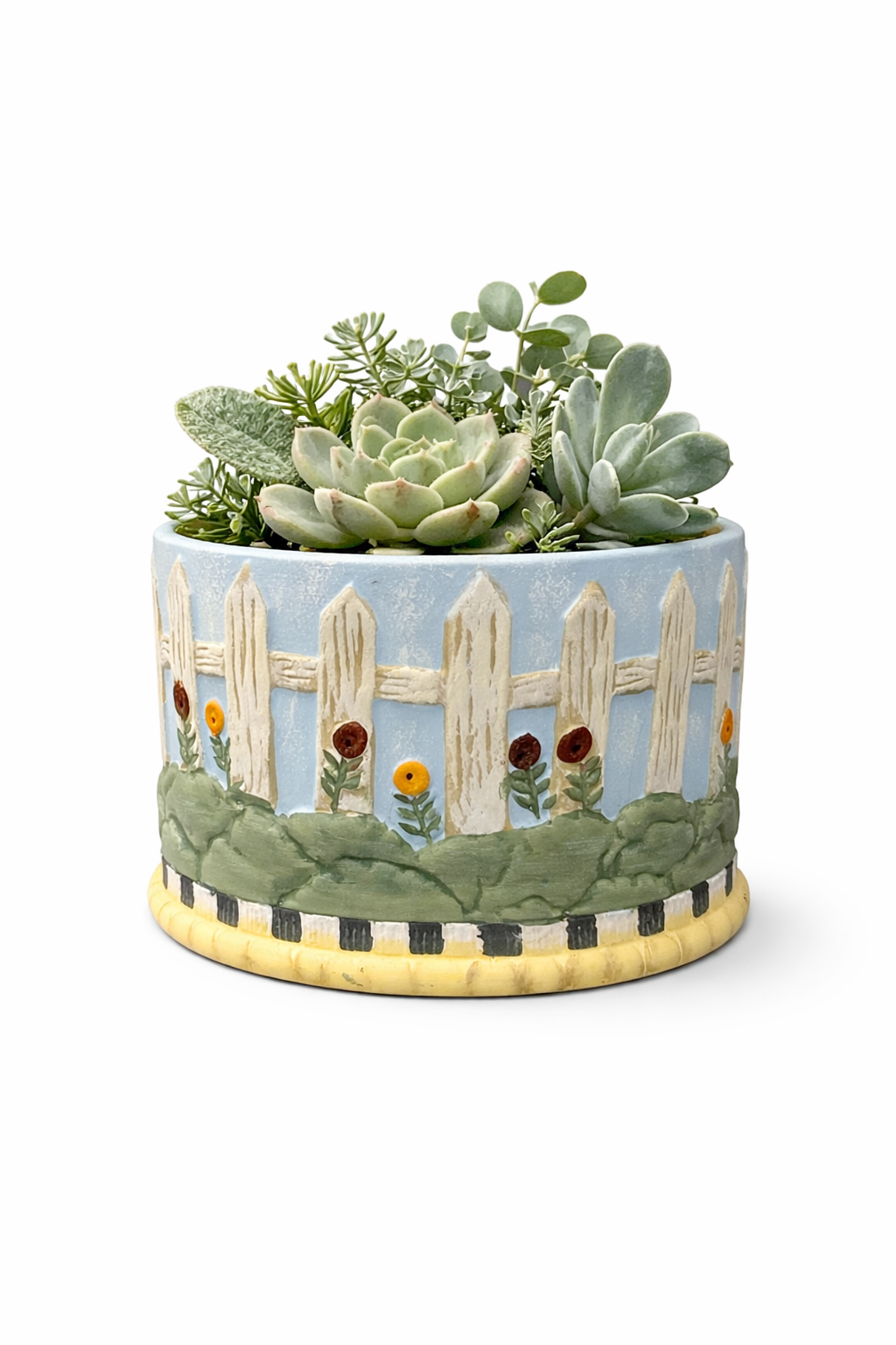 Cottage Garden Ceramic Cache Pot Planter Cover Fence Floral Decor 4”