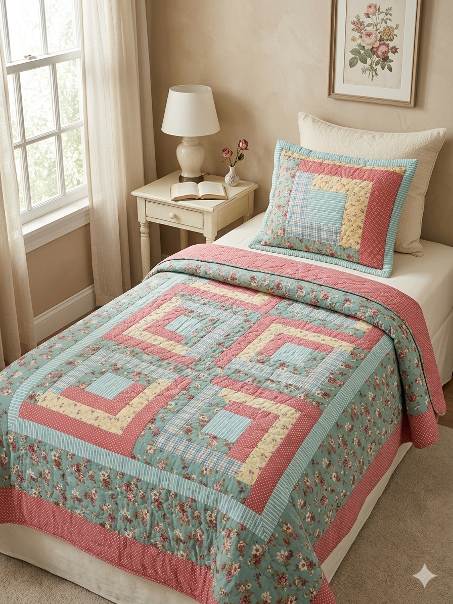 Cottagecore Patchwork Quilt Twin Handmade Style Floral Plaid w/ Sham