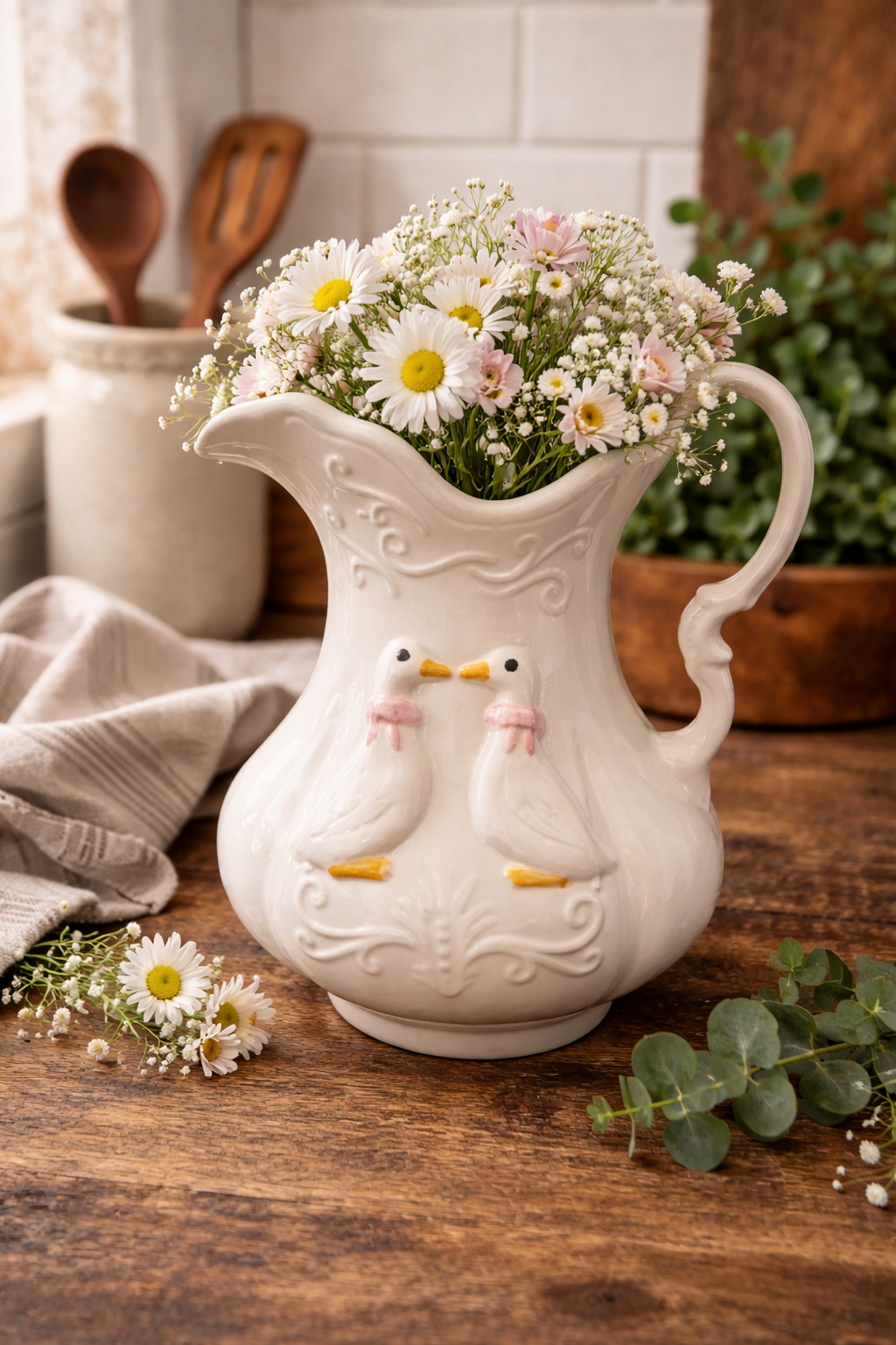 Vintage White Ceramic Bird Pitcher Farmhouse Cottage Milk Jug Vase