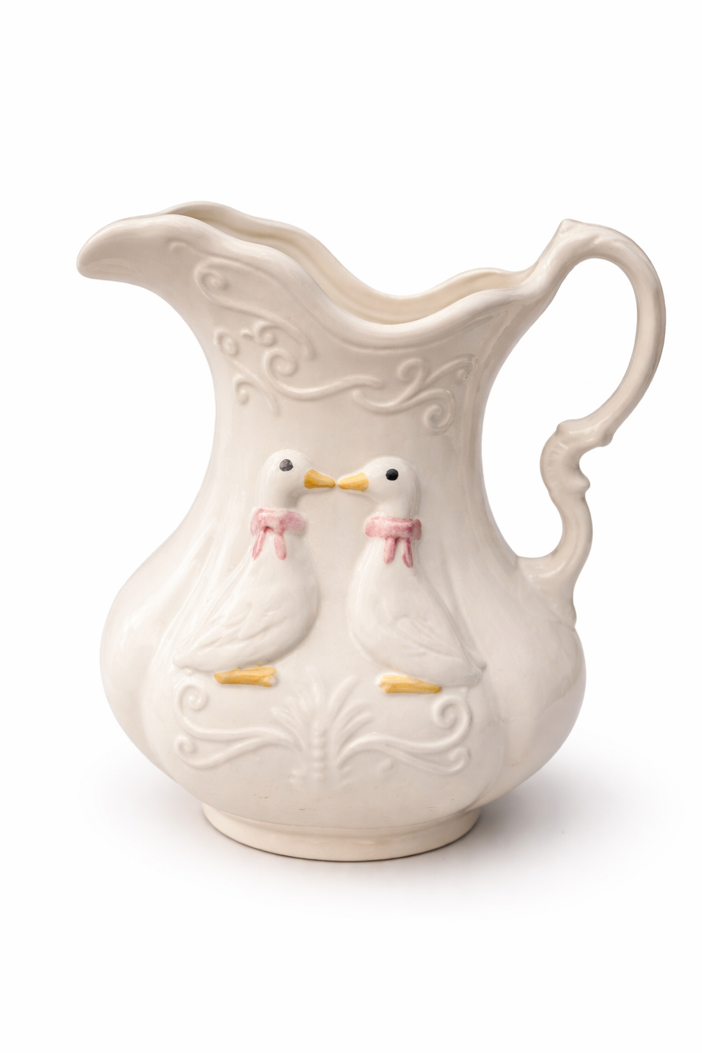 Vintage White Ceramic Bird Pitcher Farmhouse Cottage Milk Jug Vase