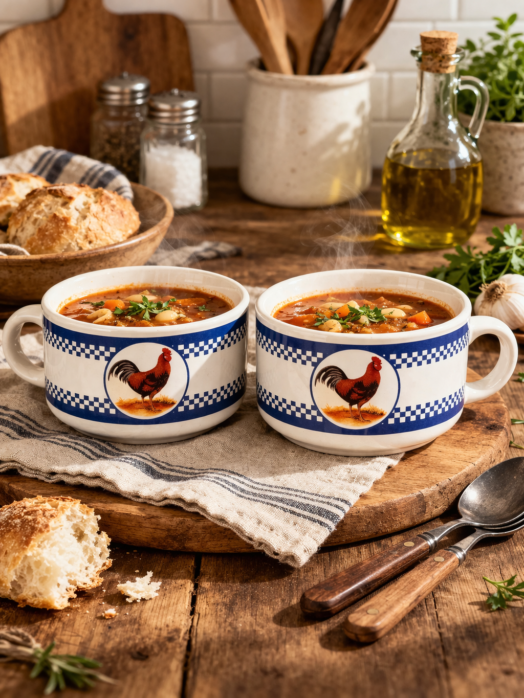 Set of 2 Houston Harvest Rooster Soup Bowls Mugs Blue Check Farmhouse Country
