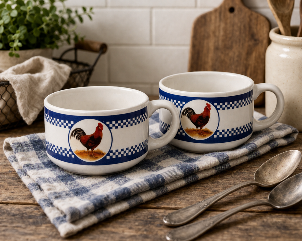 Set of 2 Houston Harvest Rooster Soup Bowls Mugs Blue Check Farmhouse Country
