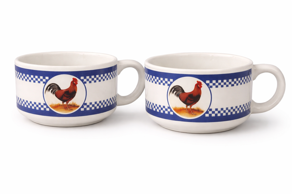 Set of 2 Houston Harvest Rooster Soup Bowls Mugs Blue Check Farmhouse Country