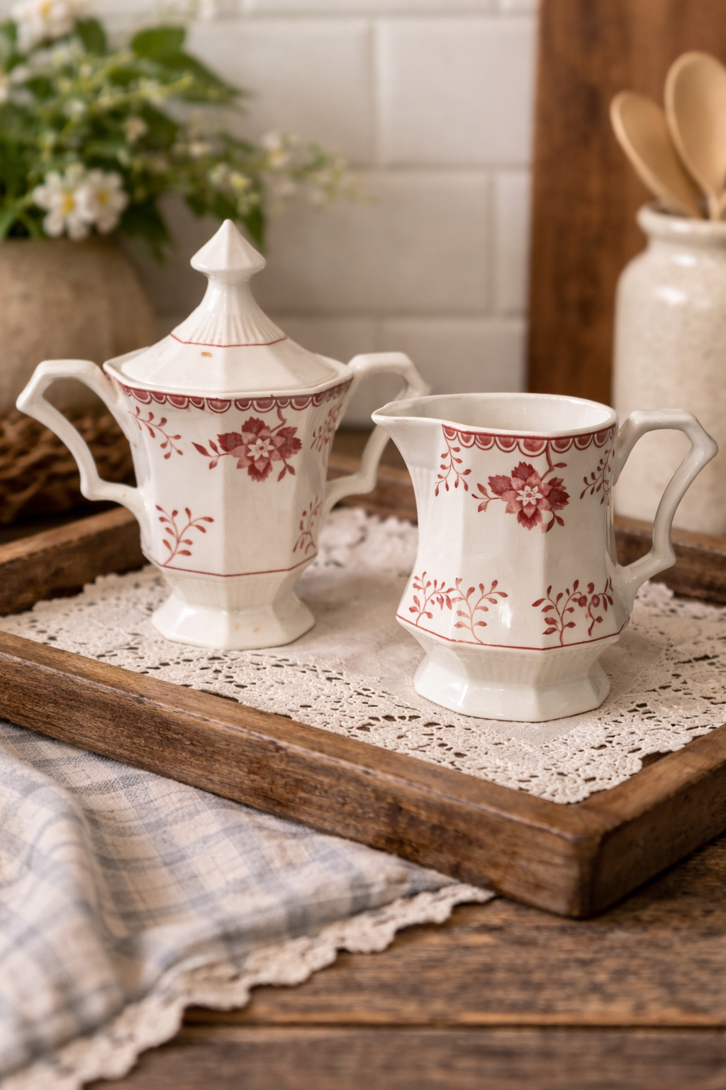 Vintage Nikko Japan Creamer Sugar Set Red Floral Classic Collection