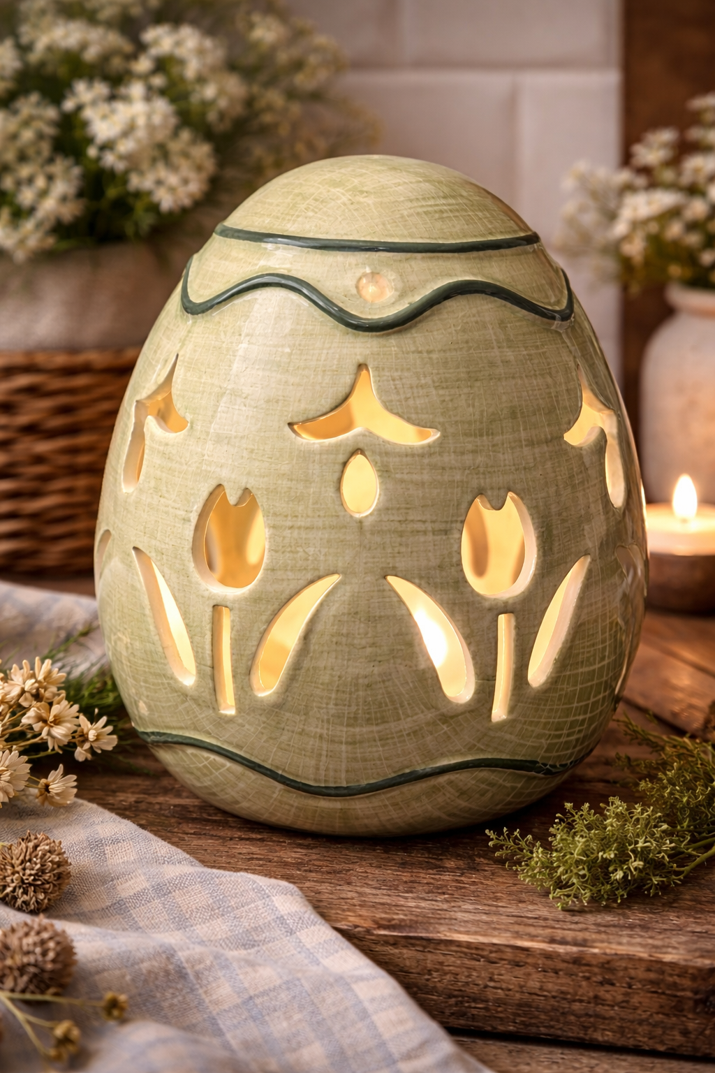 Vintage Green Ceramic Egg Tealight Candle Holder Cutout Tulip Design Decor