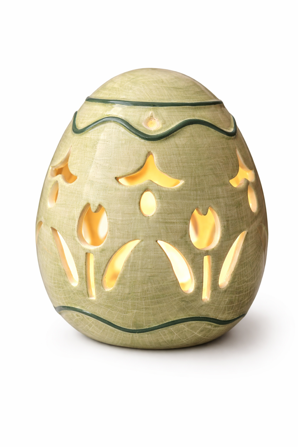 Vintage Green Ceramic Egg Tealight Candle Holder Cutout Tulip Design Decor