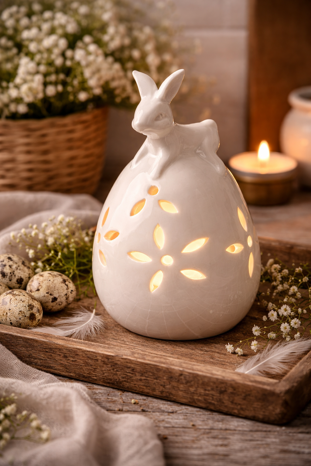 Ceramic Bunny Egg Tealight Holder White Easter Spring Cottage Decor